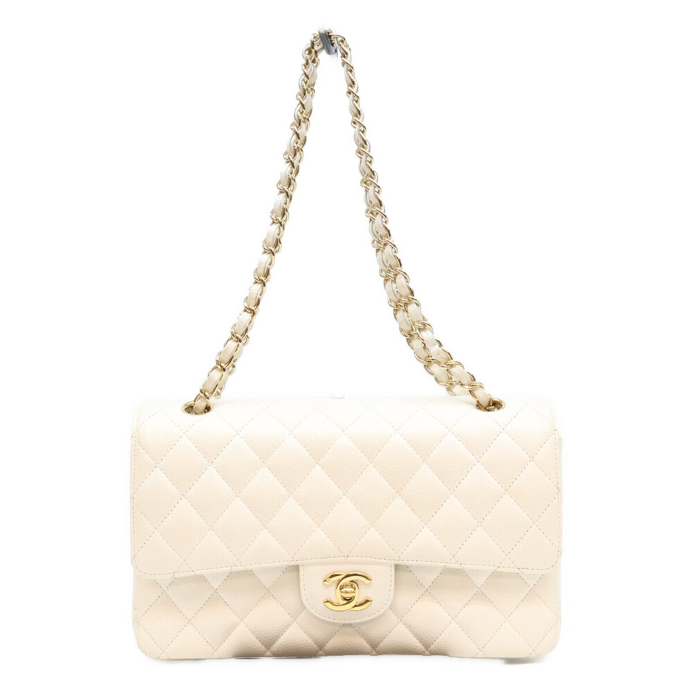 CHANEL A01112 Caviar Leather Matelassé 25 Classic Flap Shoulder Bag, White wi...